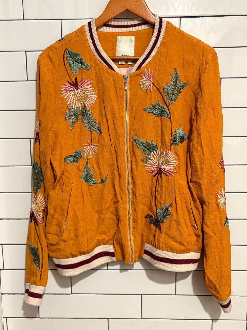 Anthropologie Solstice Mustard Floral Embroidered Bomber Jacket L - Picture 6 of 9